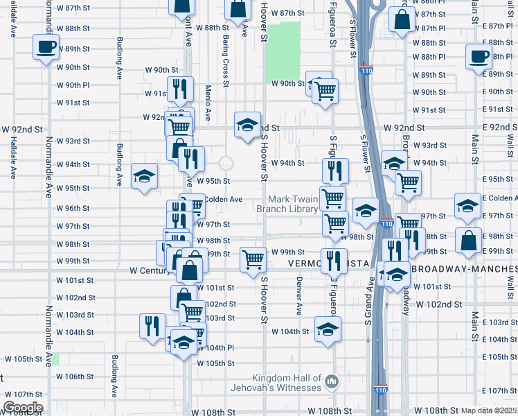map of restaurants, bars, coffee shops, grocery stores, and more near 701 West 97th Street in Los Angeles