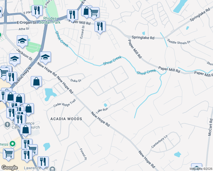 map of restaurants, bars, coffee shops, grocery stores, and more near 377 Norhill Lane in Lawrenceville