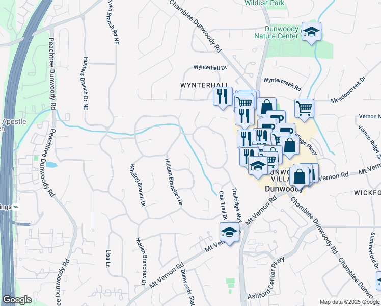 map of restaurants, bars, coffee shops, grocery stores, and more near 5155 Pine Branch Point in Dunwoody