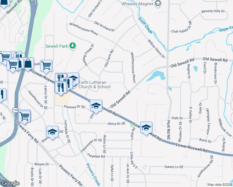 map of restaurants, bars, coffee shops, grocery stores, and more near 2266 Ashton Place North East in Marietta