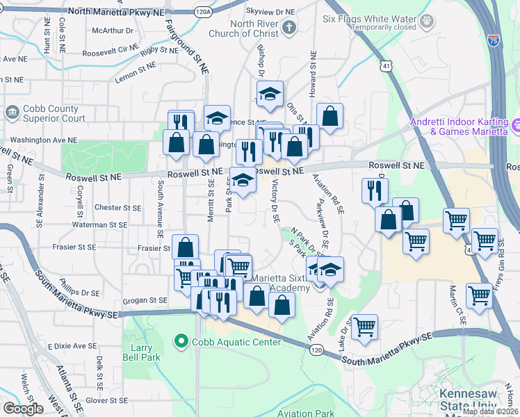 map of restaurants, bars, coffee shops, grocery stores, and more near 158 Brook Circle SE in Marietta