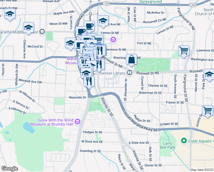map of restaurants, bars, coffee shops, grocery stores, and more near 169 Waterman Street South East in Marietta