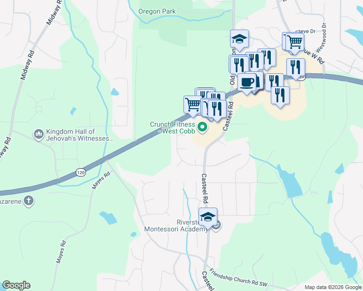 map of restaurants, bars, coffee shops, grocery stores, and more near 3722 Casteel Park Drive Southwest in Marietta