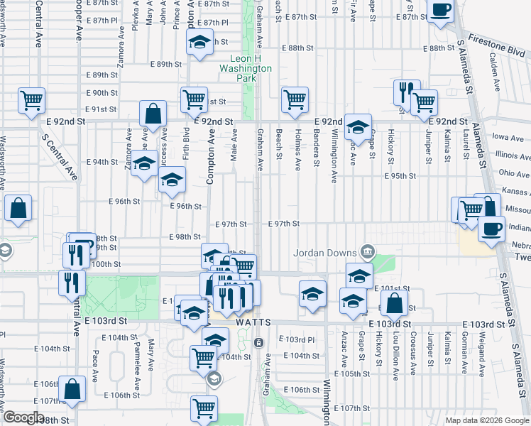 map of restaurants, bars, coffee shops, grocery stores, and more near 9612 Graham Avenue in Los Angeles