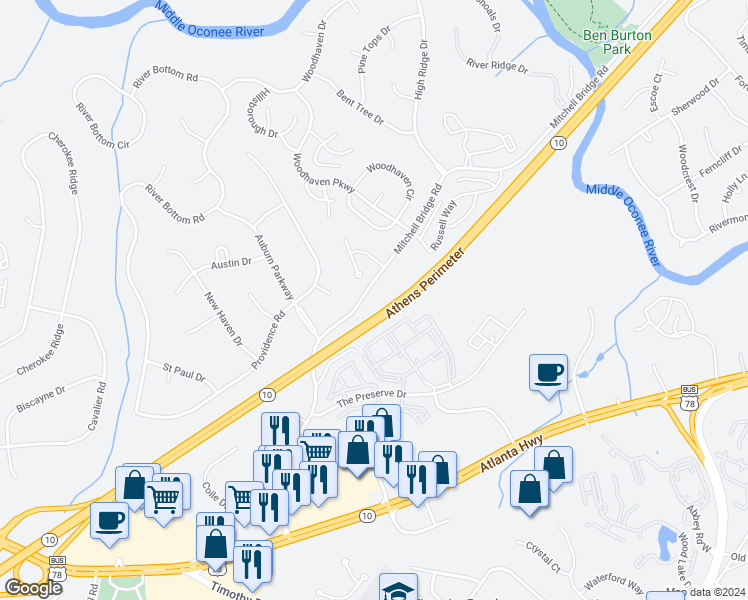 map of restaurants, bars, coffee shops, grocery stores, and more near 845 Mitchell Bridge Road in Athens