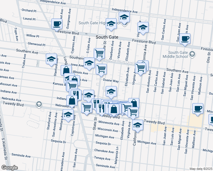 map of restaurants, bars, coffee shops, grocery stores, and more near 9534 Deeble Street in South Gate