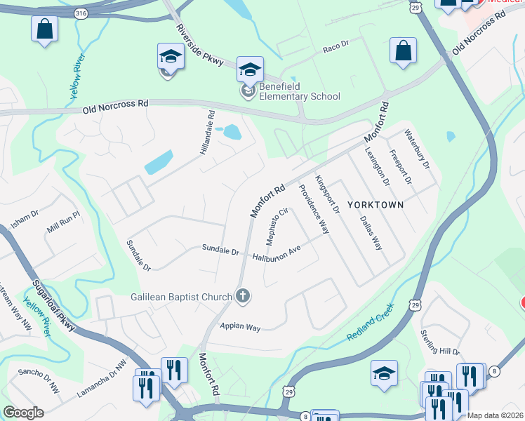 map of restaurants, bars, coffee shops, grocery stores, and more near 464 Mephisto Circle in Lawrenceville