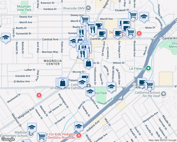 map of restaurants, bars, coffee shops, grocery stores, and more near 6918 Brockton Avenue in Riverside