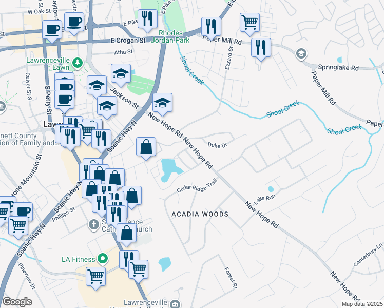 map of restaurants, bars, coffee shops, grocery stores, and more near 132 Sandalwood Circle in Lawrenceville