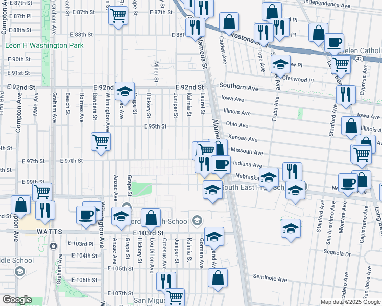 map of restaurants, bars, coffee shops, grocery stores, and more near 9620 Kalmia Street in Los Angeles
