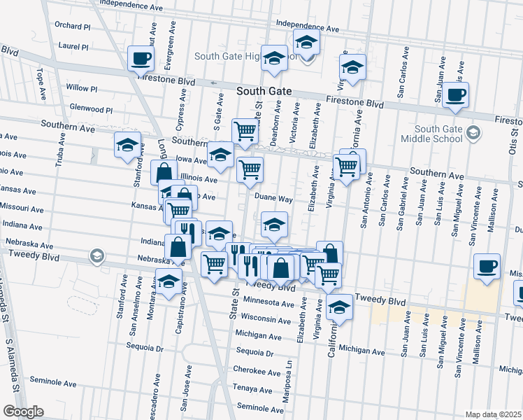 map of restaurants, bars, coffee shops, grocery stores, and more near 9534 Deeble Street in South Gate