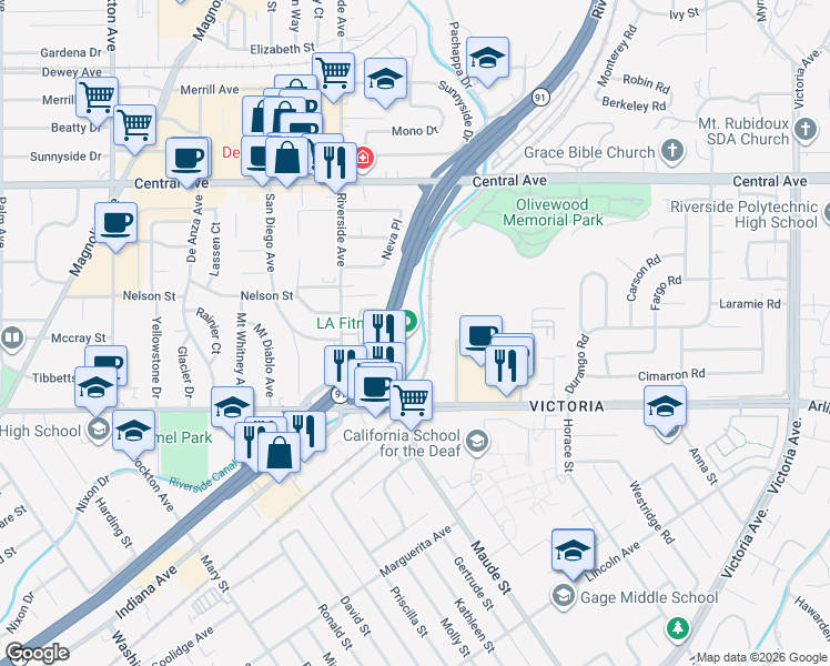 map of restaurants, bars, coffee shops, grocery stores, and more near 3439 Arlington Avenue in Riverside