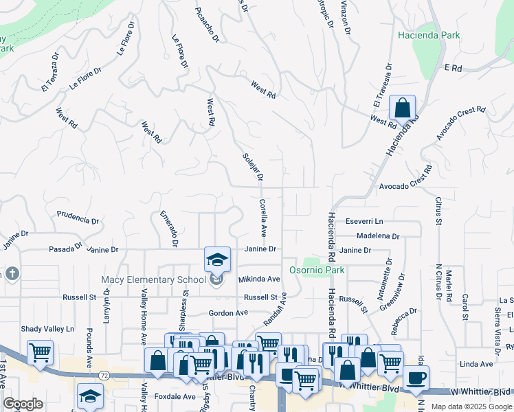 map of restaurants, bars, coffee shops, grocery stores, and more near 9904 Corella Avenue in Whittier