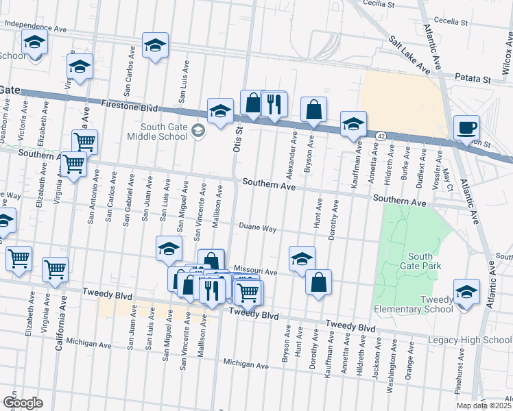 map of restaurants, bars, coffee shops, grocery stores, and more near 9308 McNerney Avenue in South Gate