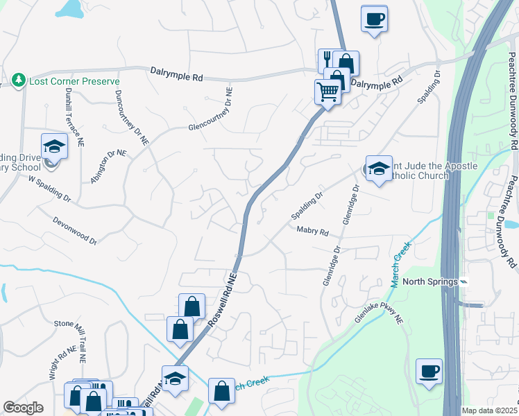 map of restaurants, bars, coffee shops, grocery stores, and more near 237 Spalding Gates Drive Northeast in Atlanta