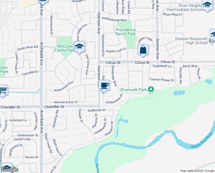 map of restaurants, bars, coffee shops, grocery stores, and more near 13769 Coldwater Court in Corona