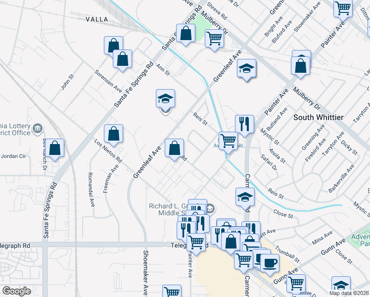 map of restaurants, bars, coffee shops, grocery stores, and more near 13003 Barton Road in Whittier
