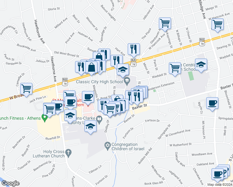 map of restaurants, bars, coffee shops, grocery stores, and more near 275 Evans Street in Athens