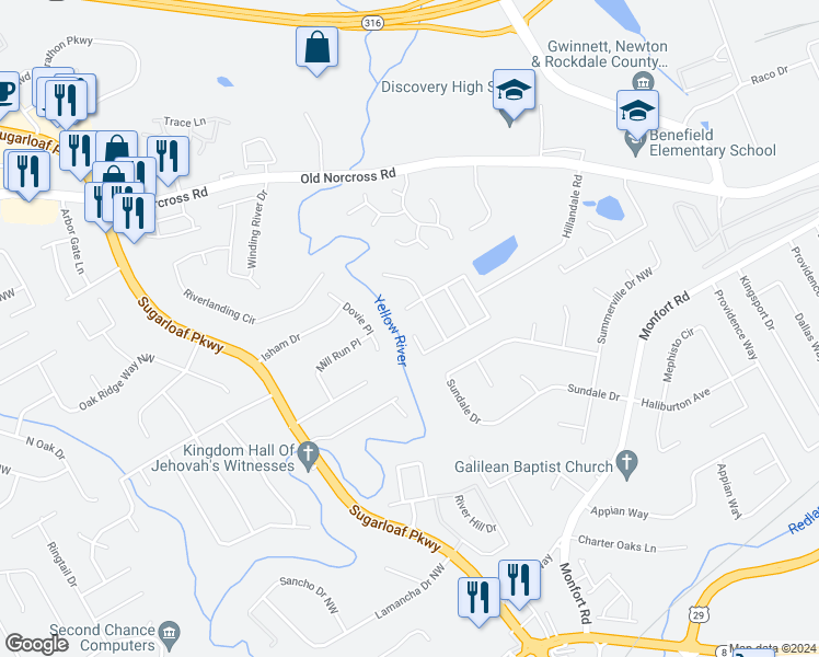 map of restaurants, bars, coffee shops, grocery stores, and more near 1549 Sydney Pond Circle Northwest in Lawrenceville