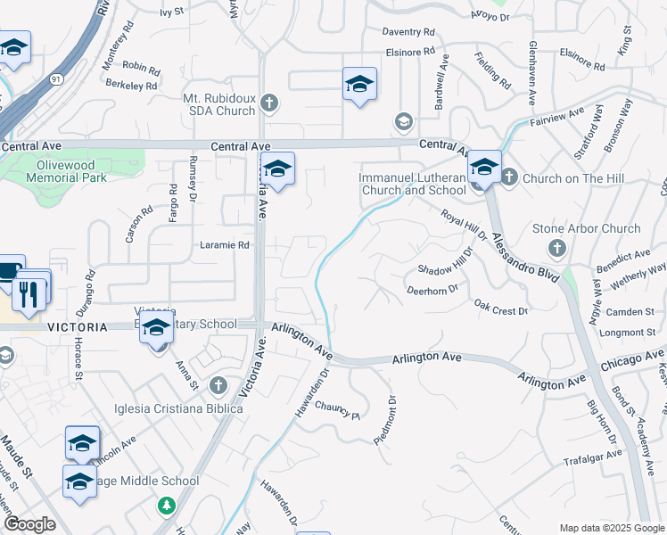 map of restaurants, bars, coffee shops, grocery stores, and more near 2572 Sunset Drive in Riverside