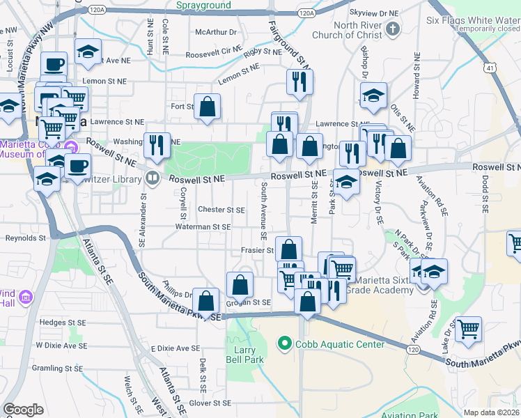 map of restaurants, bars, coffee shops, grocery stores, and more near 126 South Avenue Southeast in Marietta
