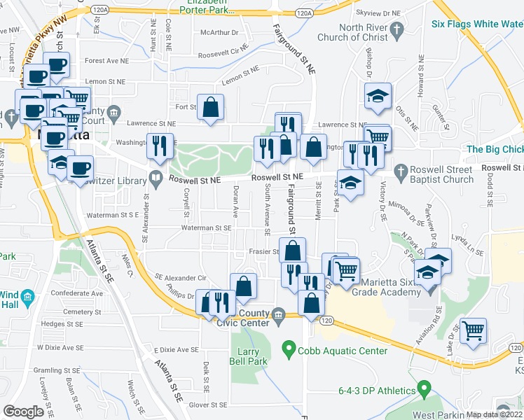 map of restaurants, bars, coffee shops, grocery stores, and more near 126 South Ave SE in Marietta