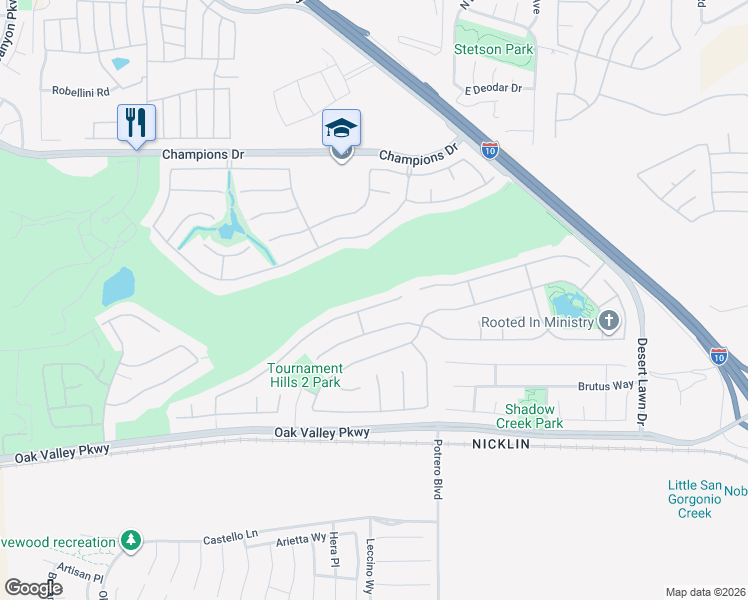 map of restaurants, bars, coffee shops, grocery stores, and more near 36836 Straightaway Drive in Beaumont