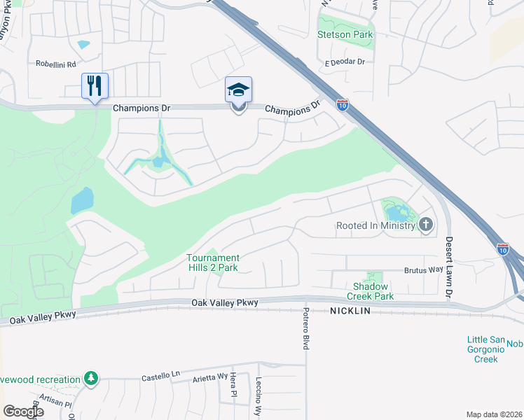 map of restaurants, bars, coffee shops, grocery stores, and more near 36836 Straightaway Drive in Beaumont