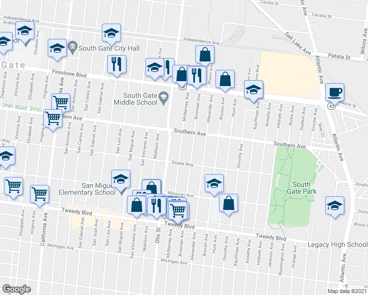 map of restaurants, bars, coffee shops, grocery stores, and more near 9308 McNerney Avenue in South Gate