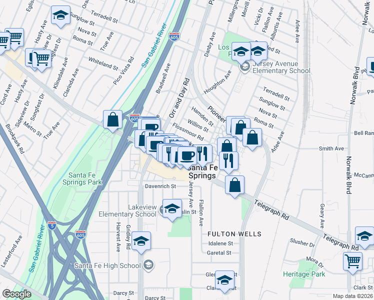 map of restaurants, bars, coffee shops, grocery stores, and more near 11548 Flossmoor Road in Santa Fe Springs