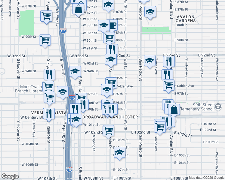 map of restaurants, bars, coffee shops, grocery stores, and more near 9518 South Main Street in Los Angeles