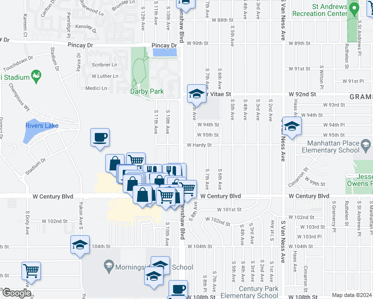 map of restaurants, bars, coffee shops, grocery stores, and more near 9606 Crenshaw Boulevard in Inglewood
