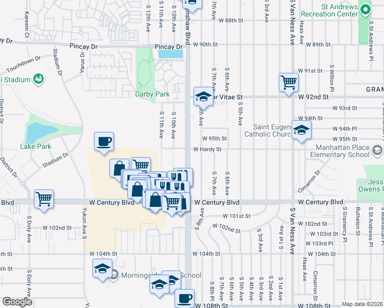 map of restaurants, bars, coffee shops, grocery stores, and more near 9606 Crenshaw Boulevard in Inglewood