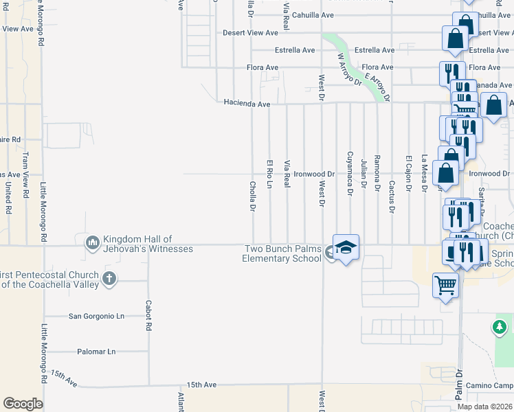 map of restaurants, bars, coffee shops, grocery stores, and more near 13616 Cholla Drive in Desert Hot Springs
