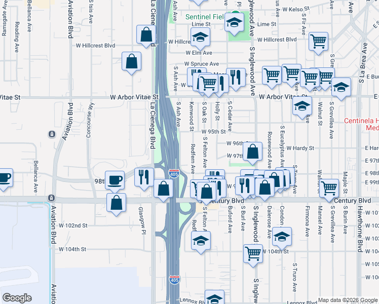 map of restaurants, bars, coffee shops, grocery stores, and more near 9522 Redfern Avenue in Inglewood