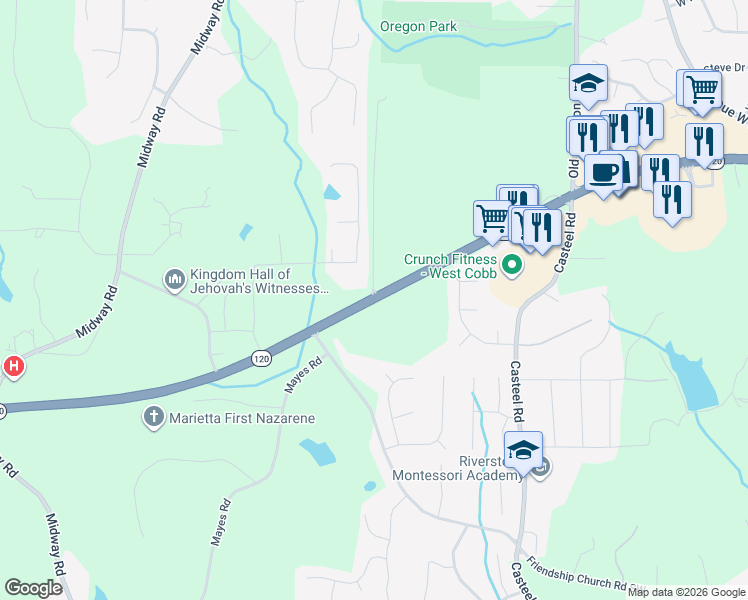 map of restaurants, bars, coffee shops, grocery stores, and more near 4017 Dallas Highway in Marietta