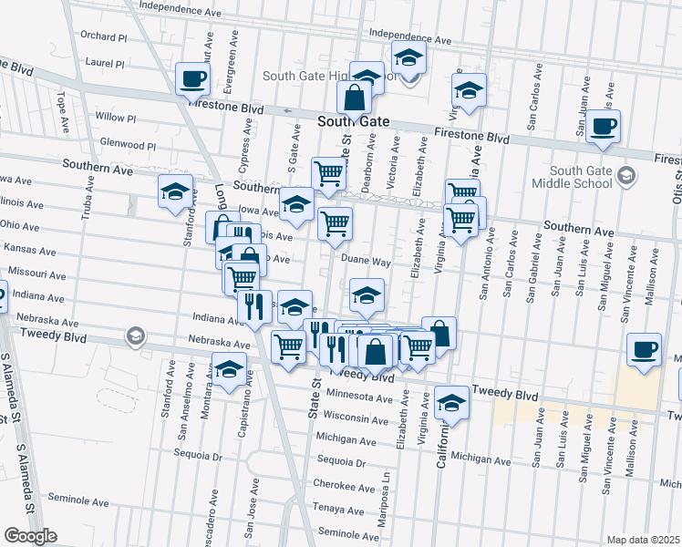 map of restaurants, bars, coffee shops, grocery stores, and more near 9533 Deeble Street in South Gate