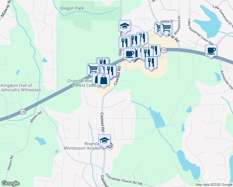 map of restaurants, bars, coffee shops, grocery stores, and more near 255 Casteel Road in Marietta