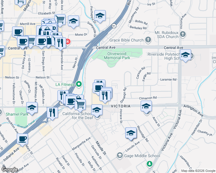 map of restaurants, bars, coffee shops, grocery stores, and more near 5617 Division Street in Riverside