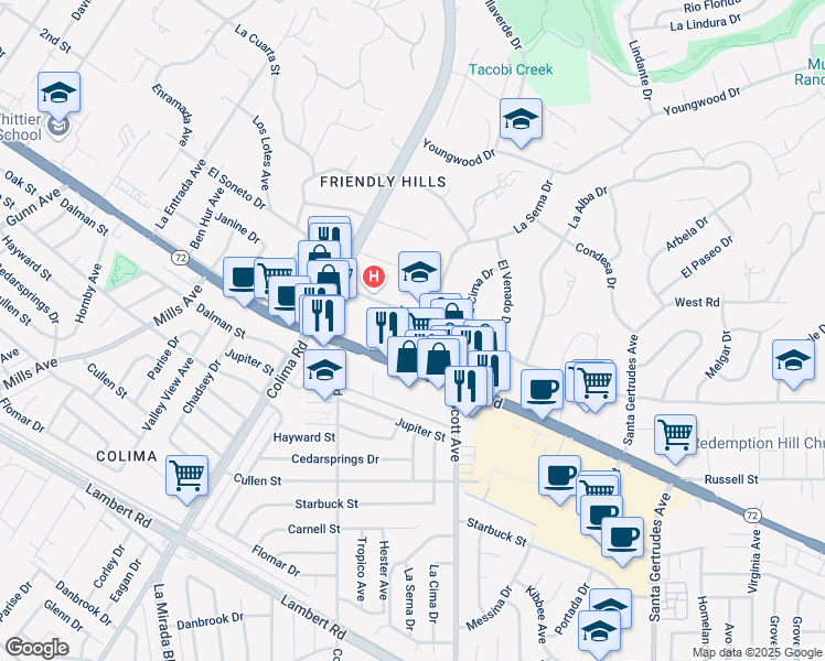 map of restaurants, bars, coffee shops, grocery stores, and more near in Whittier