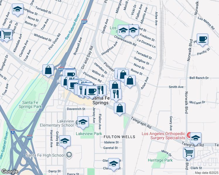 map of restaurants, bars, coffee shops, grocery stores, and more near 152 Jersey Avenue in Santa Fe Springs