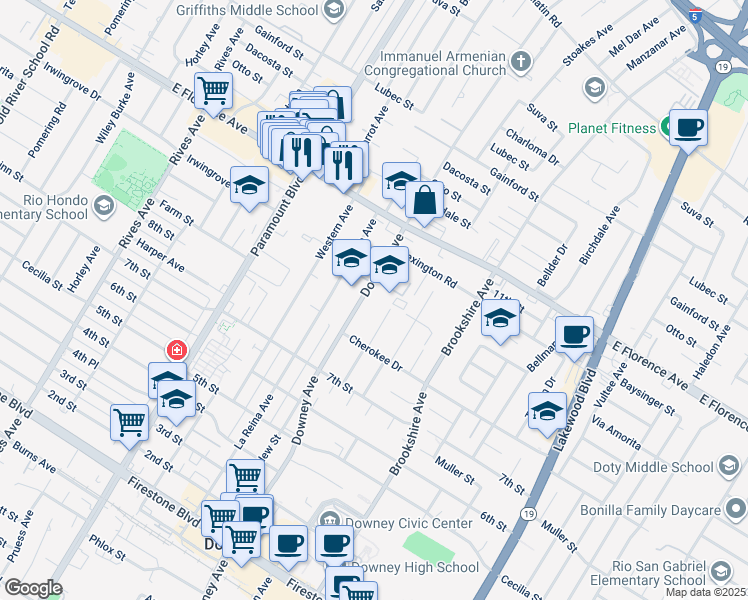 map of restaurants, bars, coffee shops, grocery stores, and more near 10330 Downey Avenue in Downey