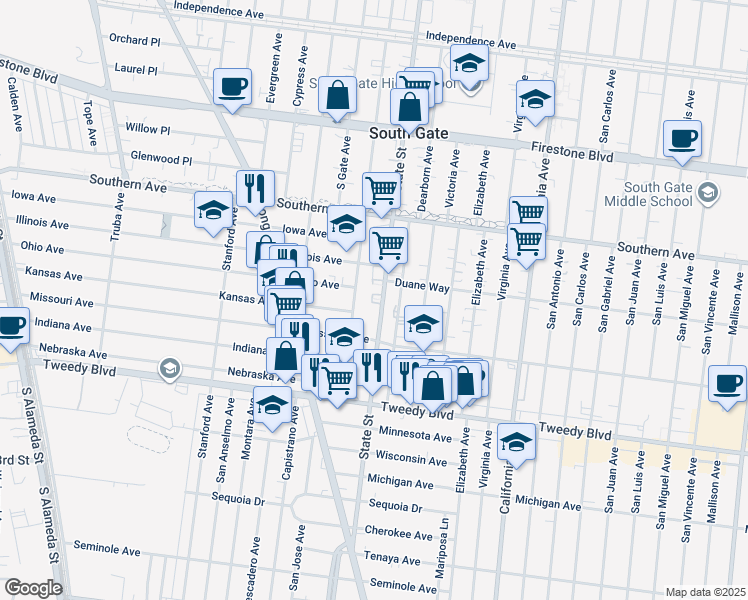 map of restaurants, bars, coffee shops, grocery stores, and more near 9501 State Street in South Gate