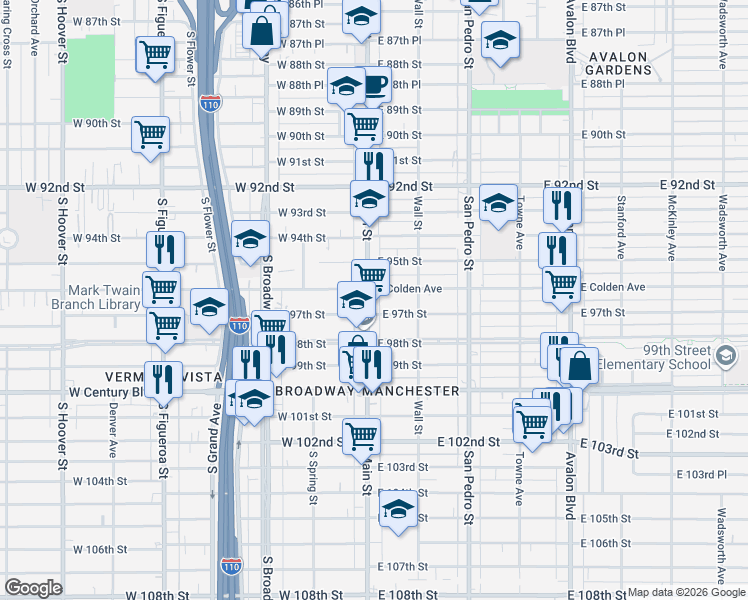 map of restaurants, bars, coffee shops, grocery stores, and more near 9518 South Main Street in Los Angeles