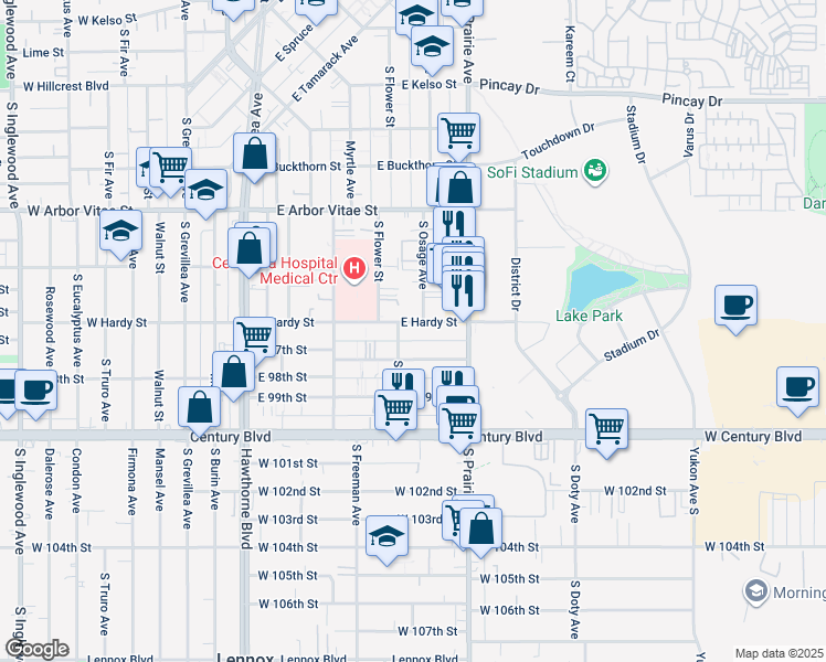 map of restaurants, bars, coffee shops, grocery stores, and more near 1040 South Osage Avenue in Inglewood