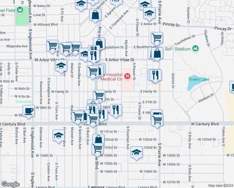 map of restaurants, bars, coffee shops, grocery stores, and more near 415 East Hardy Street in Inglewood