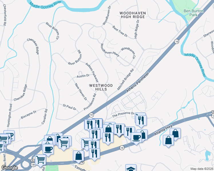 map of restaurants, bars, coffee shops, grocery stores, and more near 327-329 Providence Road in Athens