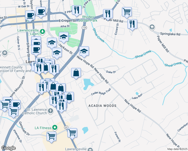 map of restaurants, bars, coffee shops, grocery stores, and more near 29 Sandalwood Circle in Lawrenceville