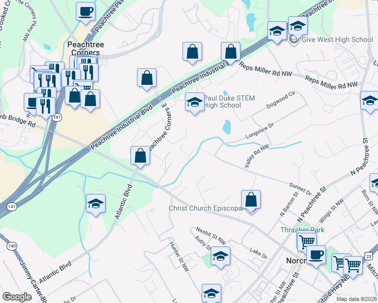 map of restaurants, bars, coffee shops, grocery stores, and more near 102 Doc's Creek Court in Norcross