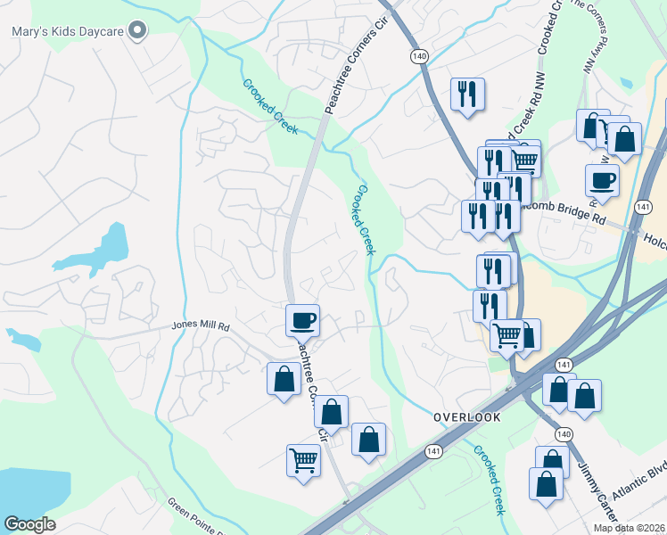 map of restaurants, bars, coffee shops, grocery stores, and more near 1104 Glenleaf Drive in Norcross